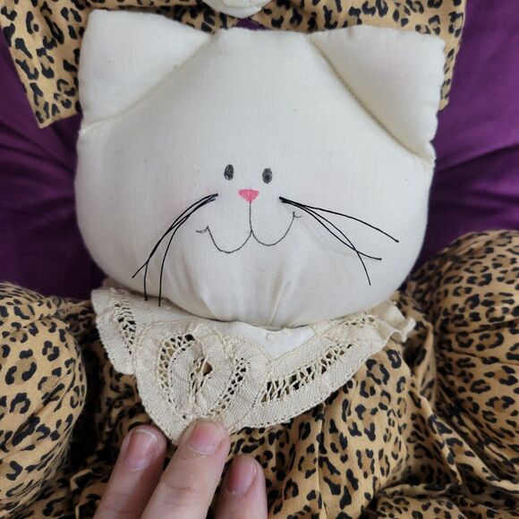 vintage handmade stuffed Cat Wearing Cheetah Patterned Dress 18 Inch cottagecore - Picture 3 of 4
